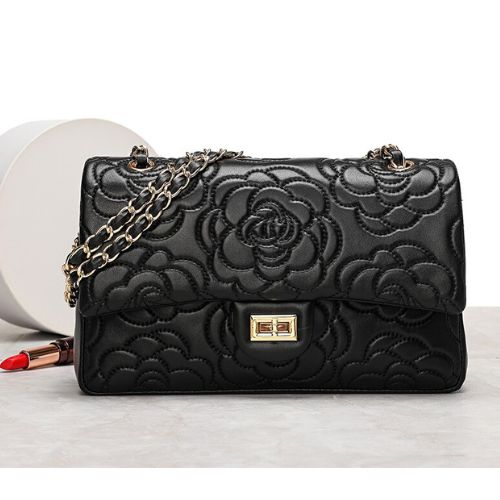 New genuine leather floral stitched detail flap bag