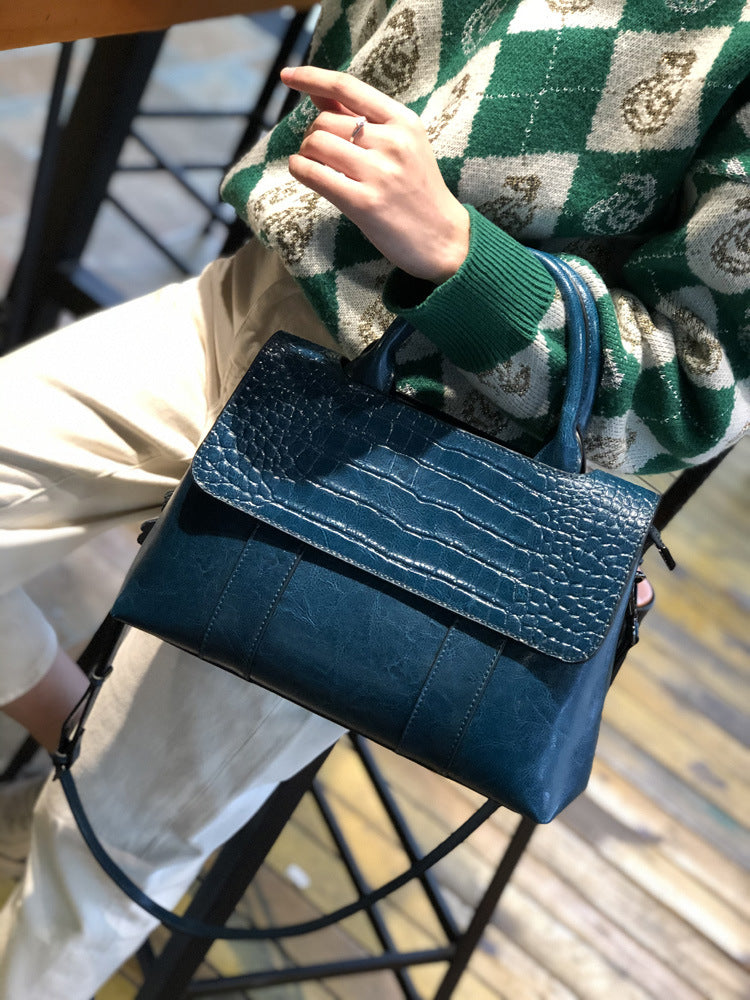 ladies leather handbag blue