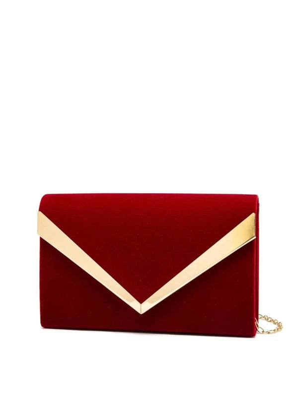 red evening bag with gold detail