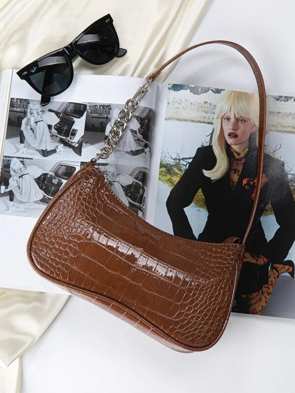 brown shoulder bag with chain detail